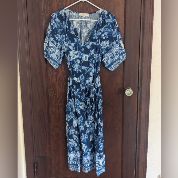 LOFT Dresses & Skirts - Loft Blue Hawaiian Vacation Print Short Sleeve Midi Dress Size Large Petite